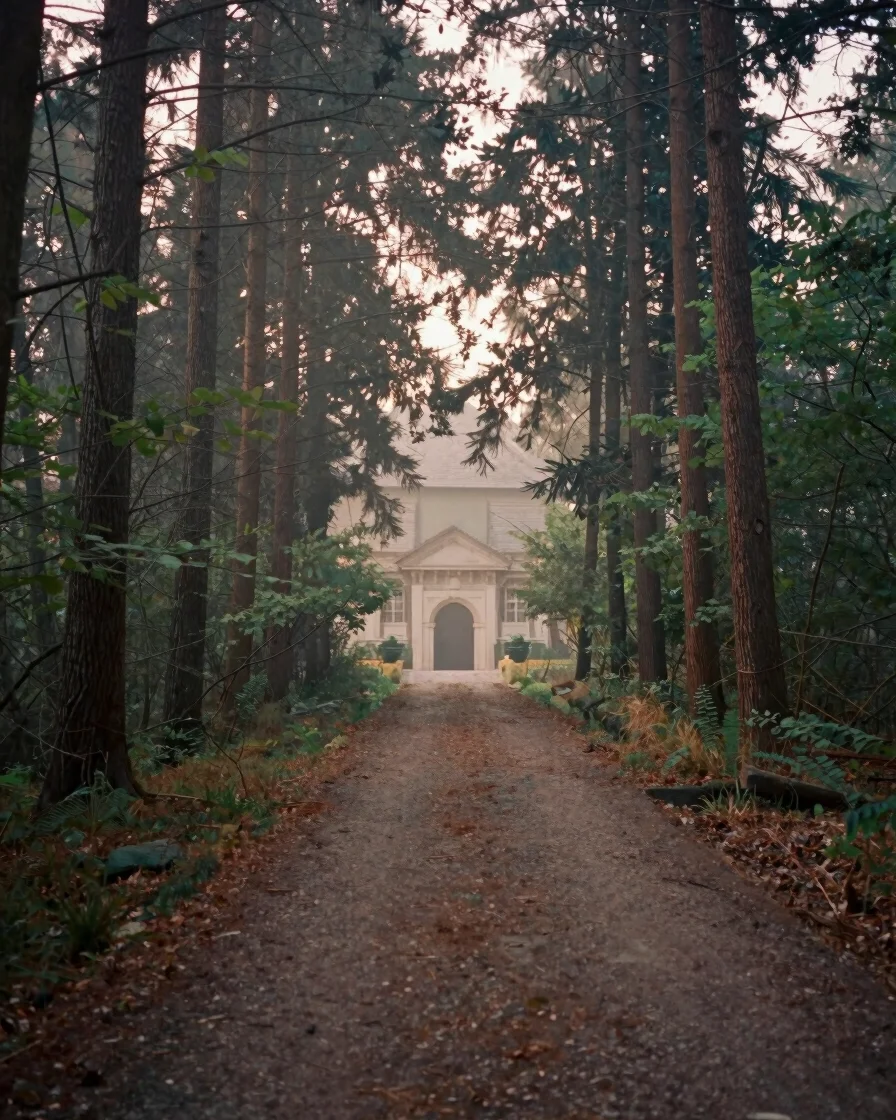 Quiet editorial photograph of a dawn-lit forest monastery path wi